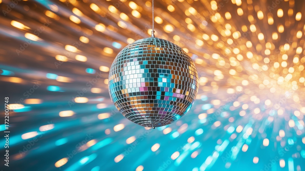 Obraz premium A sparkling disco ball suspended against a colorful, blurred backdrop, creating vibrant reflections and a festive atmosphere.