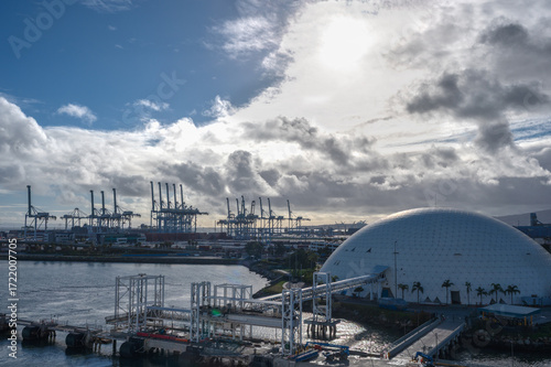 Port of Long Beach with Cruise Terminal Dome and Container Cranes