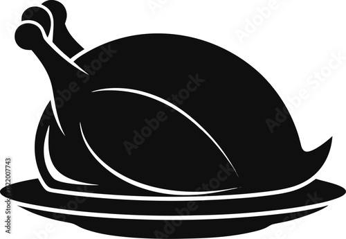 Roasted turkey on platter silhouette  vector black , white background 