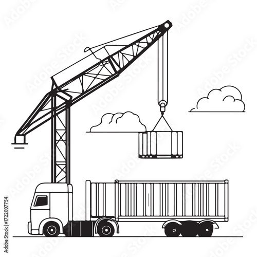 Crane Lifting Shipping Container on Truck silhouette, Car Transporter Silhouette, Black white isolated vector, Crane Lifting Shipping Container on Truck vector illustration on white background See Les