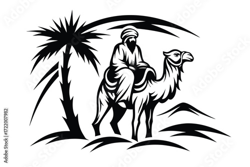 Black Silhouette Man with Beard Riding Camel near Palm Tree on White
