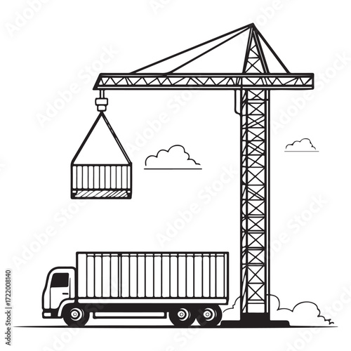 Crane Lifting Shipping Container on Truck silhouette, Car Transporter Silhouette, Black white isolated vector, Crane Lifting Shipping Container on Truck vector illustration on white background See Les