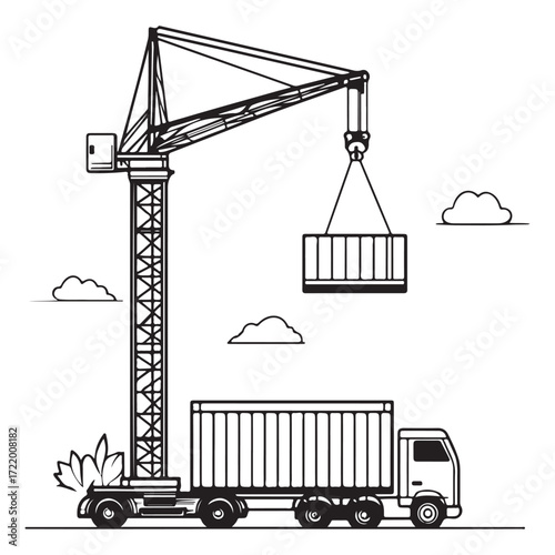 Crane Lifting Shipping Container on Truck silhouette, Car Transporter Silhouette, Black white isolated vector, Crane Lifting Shipping Container on Truck vector illustration on white background See Les