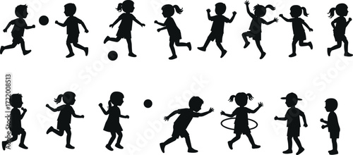 Children silhouette vector, kids playing, running, jumping, hula hoop, ball activity, childhood fitness, outdoor movement, energetic poses, sport illustration, side profile