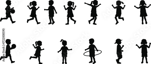 Children silhouette vector, kids playing, running, jumping, dancing, hula hoop, ball activity, black figures, childhood motion, energetic poses, outdoor fun