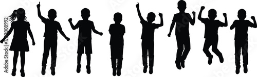 Jumping kids silhouette, playful children vector, happy childhood moment, energetic youth pose, black outline illustration, group activity, white background, stock art