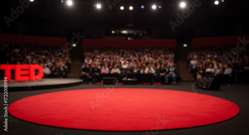Mockup the iconic red ted stage with the ted logo and a live audience in the background for commercial usage