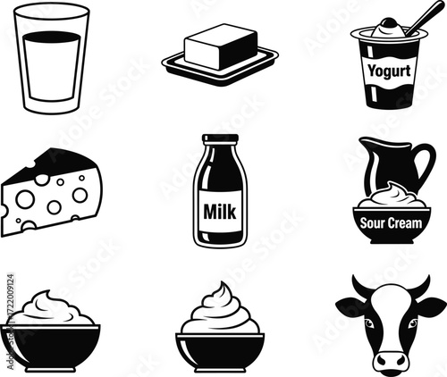 Dairy products vector set, milk, cheese, butter, yogurt, sour cream, cow icon, black and white food illustrations, farm nutrition symbols
