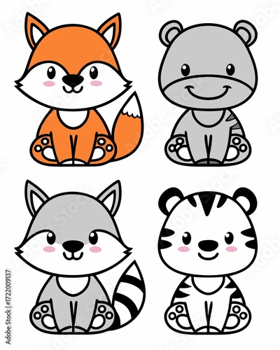 Cute Animal Cartoon Illustration Featuring a Fox, Bear, Raccoon and Tiger All in a Kawaii Style