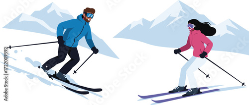 Man and woman skiing on snowy mountain, winter sports couple wearing ski gear, active lifestyle, outdoor adventure, holiday travel, mountains