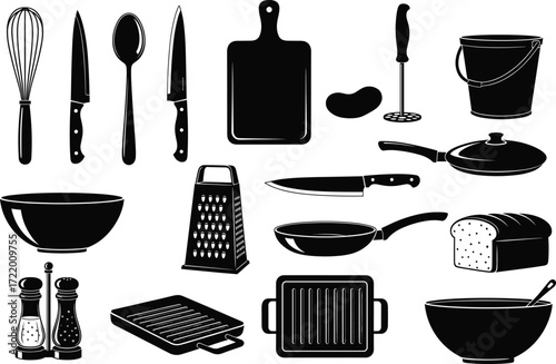 Kitchen utensils silhouette vector, cooking tools black icons, food preparation equipment, chef supplies, culinary elements, restaurant items, editable illustration set