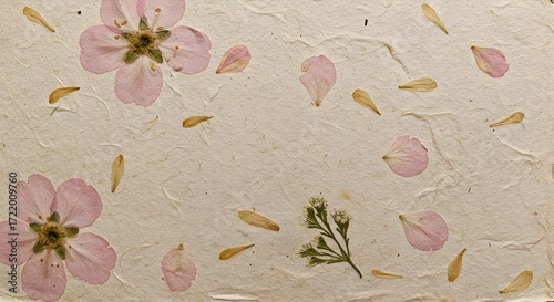 Pale pink blossoms and petals scattered on textured cream paper creating a floral background design