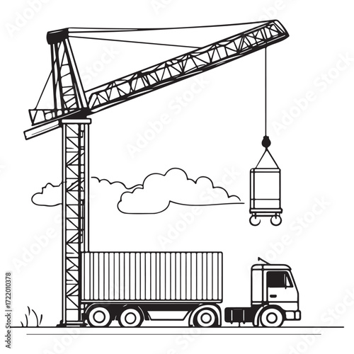 Crane Lifting Shipping Container on Truck silhouette, Car Transporter Silhouette, Black white isolated vector, Crane Lifting Shipping Container on Truck vector illustration on white background See Les