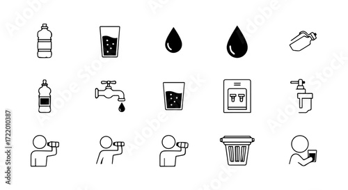 Essential Water and Hydration Vector Icons Set From Bottles and Glasses to Taps and Drinking Actions, Promoting Healthy Liquid Consumption