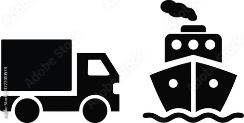 Global trade concept truck and ship transportation vector icon style