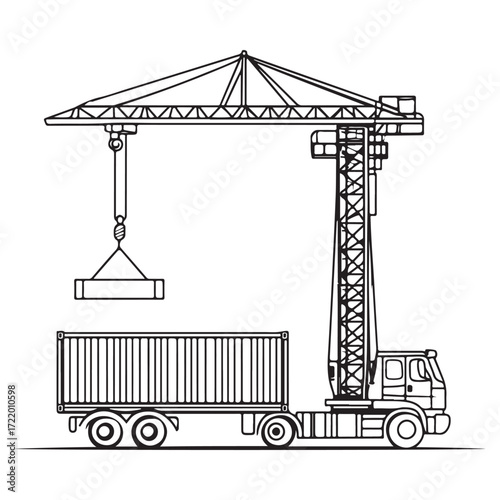 Crane Lifting Shipping Container on Truck silhouette, Car Transporter Silhouette, Black white isolated vector, Crane Lifting Shipping Container on Truck vector illustration on white background See Les
