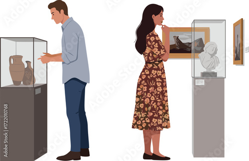 Man and woman visiting museum exhibition, people looking at artifacts, ancient history, cultural heritage, sculpture display, gallery artwork, educational tourism experience