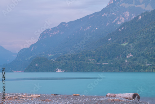 Summer cloudy sunny view for Brienzersee lake in Bonigen Switzerland