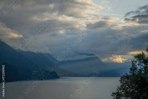 Summer cloudy sunny view for Brienzersee lake in Brienz Switzerland