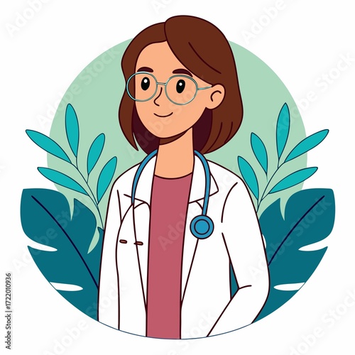 Smiling Female Doctor Illustration with Stethoscope and Botanical Background A Depiction of Health and Professionalism