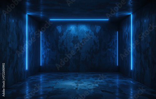Ultra realistic dark concrete room with blue neon lighting, cinematic futuristic seamless background design