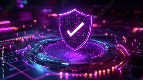 Futuristic glowing purple shield with a digital check mark floating above a neon-lit platform, symbolizing cybersecurity, data protection, verified access, and high-tech secure systems in cyberspace