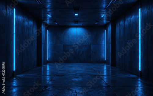 Ultra realistic dark concrete room with blue neon lighting, cinematic futuristic seamless background design
