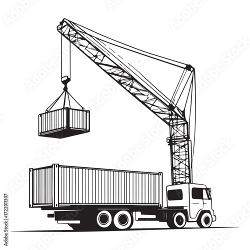 Crane Lifting Shipping Container on Truck silhouette, Car Transporter Silhouette, Black white isolated vector, Crane Lifting Shipping Container on Truck vector illustration on white background See Les