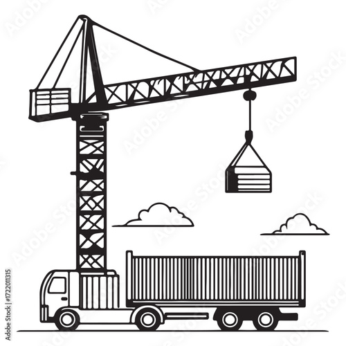 Crane Lifting Shipping Container on Truck silhouette, Car Transporter Silhouette, Black white isolated vector, Crane Lifting Shipping Container on Truck vector illustration on white background See Les