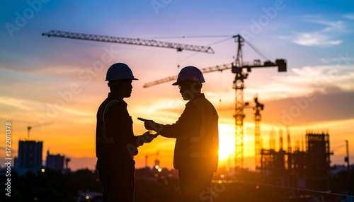 Silhouetted construction workers confer at sunset