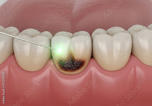 A close up view of a laser being used on a tooth with a cavity between other healthy teeth