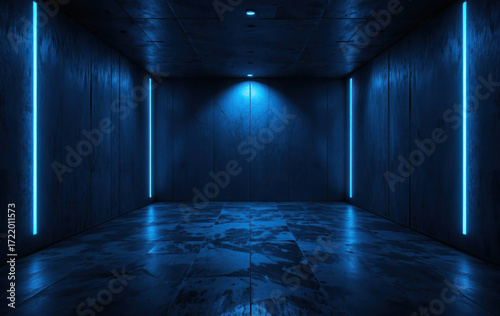 Ultra realistic dark concrete room with blue neon lighting, cinematic futuristic seamless background design