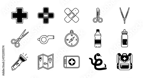 A versatile collection of minimalist line icons representing essential first aid, emergency, and outdoor survival equipment for health, safety, and adventure preparedness