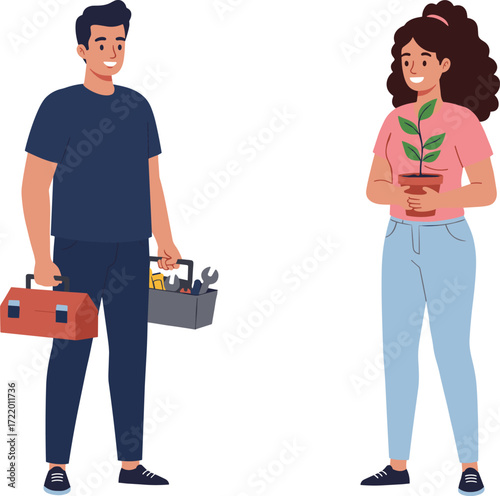Man holding toolbox with tools, woman carrying plant in pot, teamwork concept, home repair, gardening lifestyle, sustainable living, eco friendly