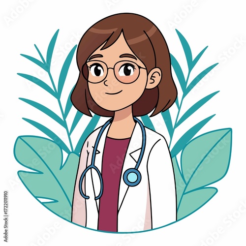 A Cheerful Cartoon Doctor Portrait with Lush Greenery Background and Professional Stethoscope