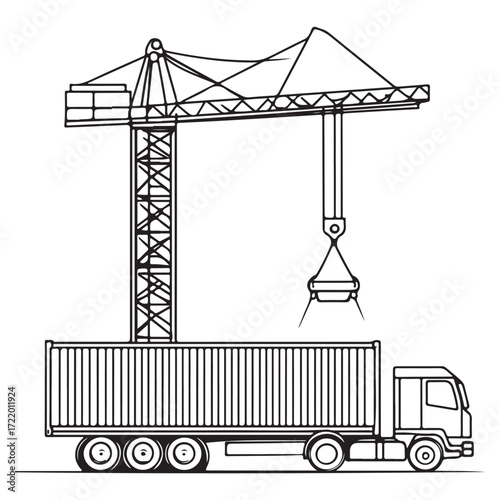 Crane Lifting Shipping Container on Truck silhouette, Car Transporter Silhouette, Black white isolated vector, Crane Lifting Shipping Container on Truck vector illustration on white background See Les