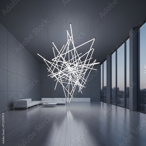 Modern lighting fixture in minimalist interior with large windows and white furniture