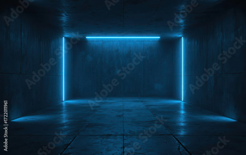 Ultra realistic dark concrete room with blue neon lighting, cinematic futuristic seamless background design