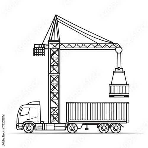 Crane Lifting Shipping Container on Truck silhouette, Car Transporter Silhouette, Black white isolated vector, Crane Lifting Shipping Container on Truck vector illustration on white background See Les