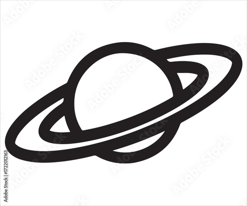 Planet with rings silhouette illustration, black vector icon symbolizing Saturn, astronomy, universe, space exploration, solar system, and cosmic science concept isolated on white background
