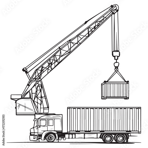 Crane Lifting Shipping Container on Truck silhouette, Car Transporter Silhouette, Black white isolated vector, Crane Lifting Shipping Container on Truck vector illustration on white background See Les