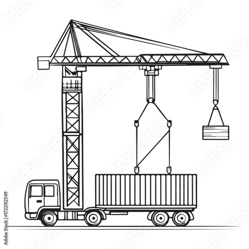 Crane Lifting Shipping Container on Truck silhouette, Car Transporter Silhouette, Black white isolated vector, Crane Lifting Shipping Container on Truck vector illustration on white background See Les
