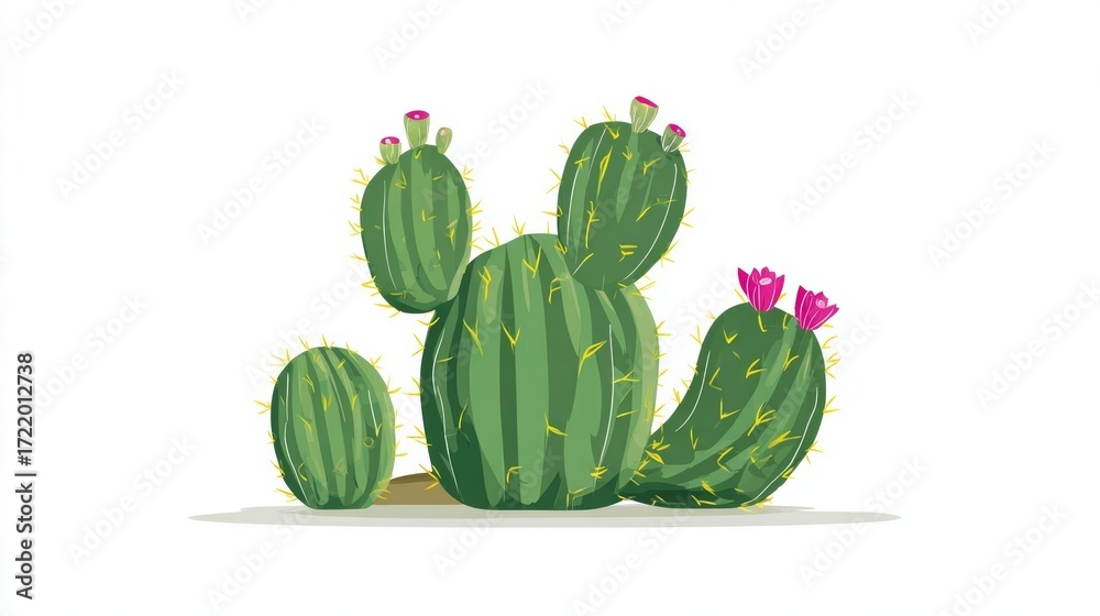 Fototapeta premium A group of green cacti with pink flowers blooming on top, set against a white background.