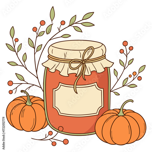 Harvest time sweetness: Fresh pumpkin jam with autumn berries and leaves for seasonal recipes and fall-themed designs, originally a vector graphic