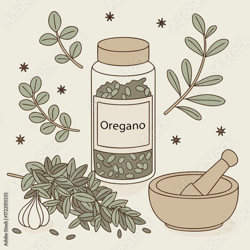 Fresh oregano spice illustration with garlic, mortar, and pestle for culinary blog or food design projects, bringing natural flavor