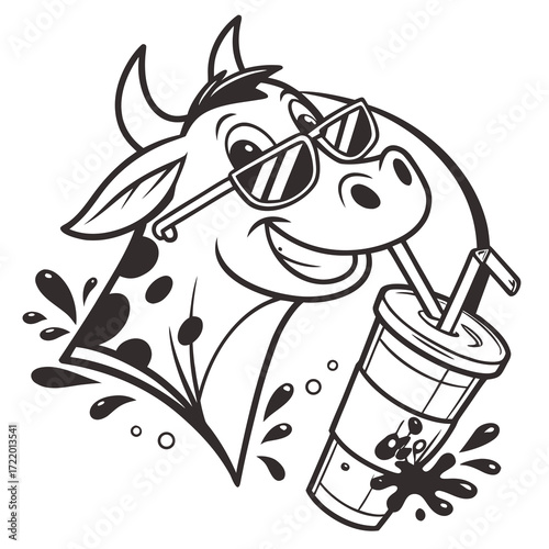 Cool cartoon cow drinking soda with sunglasses vector illustration for dairy farm and beverage designs