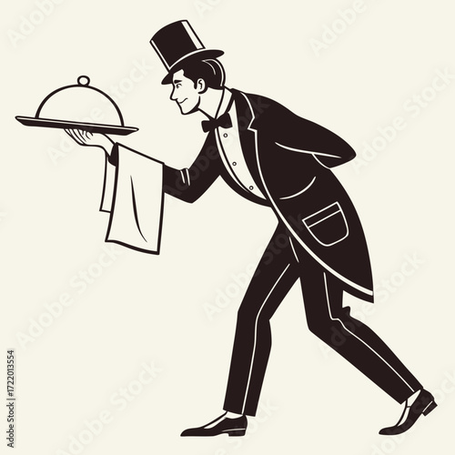 Illustration of a waiter in tuxedo carrying tray with food service for restaurant or hotel dining experience