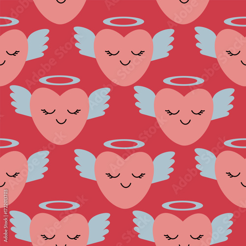 A pink heart with wings and a halo on a red background. Vector seamless pattern with hearts. Endless background for Valentine's Day, festive design, and fabric.