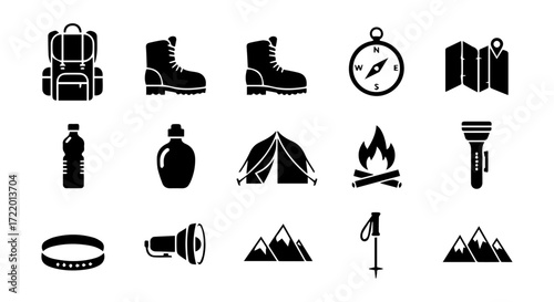 Essential collection of outdoor adventure gear and camping equipment icons for hiking, exploration, and wilderness activities, perfect for travel and nature themes