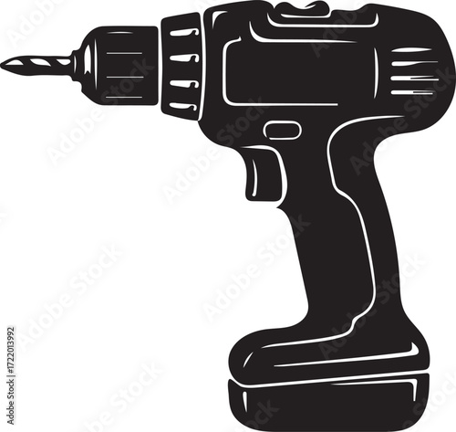 Silhouette of a Cordless Drill Power Tool with a Battery Pack and a Drill Bit Attached Ready to Work